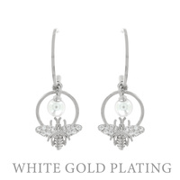CUBIC ZIRCONIA CZ WHITE GOLD PLATED BEE WITH PEARL DROP HALF HOOP EARRINGS