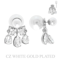 GOLD PLATED CUBIC ZIRCONIA CHANDELIER FRONT-BACK PEARL EARRINGS IN YELLOW GOLD AND WHITE GOLD PLATTING