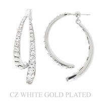 GOLD PLATED CUBIC ZIRCONIA CROSS CURVED CRESCENT DANGLE EARRINGS IN WHITE GOLD PLATTING