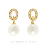 GOLD PLATED CZ CHAIN PEARL DROP EARRINGS