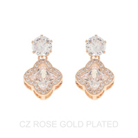 2-TIER GOLD PLATED CZ QUATREFOIL DROP EARRINGS