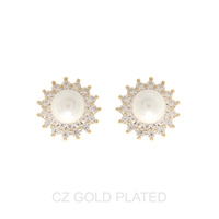 GOLD PLATED CZ PEARL SUNBURST HALO STUD EARRINGS