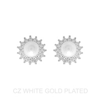 GOLD PLATED CZ PEARL SUNBURST HALO STUD EARRINGS