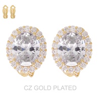 GOLD PLATED CZ OVAL HALO CLIP-ON STUD EARRINGS