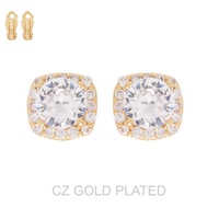 GOLD PLATED CZ SQUARE HALO CLIP-ON STUD EARRINGS