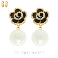 FLORAL GOLD PLATED CZ PEARL CLIP-ON EARRINGS