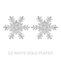 WHITE GOLD PLATED CZ SNOWFLAKE POST EARRINGS