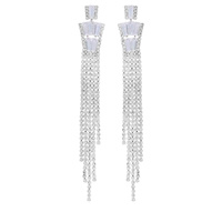 WHITE GOLD PLATED CZ TASSEL TRAPEZOID  EARRINGS