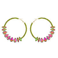 CRYSTAL RHINESTONE PAVE FASHION HOOP EARRINGS WITH CENTER TEARDROP GEMSTONES