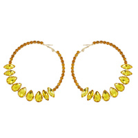 CRYSTAL RHINESTONE PAVE FASHION HOOP EARRINGS WITH CENTER TEARDROP GEMSTONES