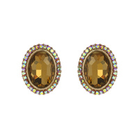 Oval Gem With Stone Edge Metal Earrings