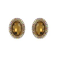 Oval Gem With Stone Edge Metal Earrings