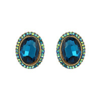 Oval Gem With Stone Edge Metal Earrings