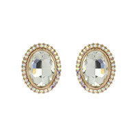 Oval Gem With Stone Edge Metal Earrings