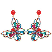 2-TIER BUTTERFLY CRYSTAL GEMSTONE LONG DROP EARRINGS