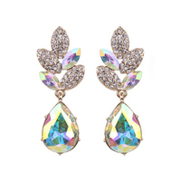 2-TIER CRYSTAL RHINESTONE LEAF ACCENT DANGLE AND DROP EARRINGS