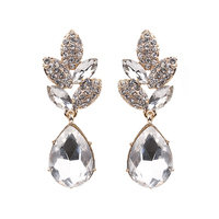 2-TIER CRYSTAL RHINESTONE LEAF ACCENT DANGLE AND DROP EARRINGS