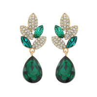 2-TIER CRYSTAL RHINESTONE LEAF ACCENT DANGLE AND DROP EARRINGS