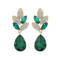 2-TIER CRYSTAL RHINESTONE LEAF ACCENT DANGLE AND DROP EARRINGS