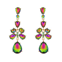 CRYSTAL RHINESTONE TEARDROP CLUSTER LONG DROP EARRINGS