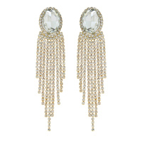 CRYSTAL RHINESTONE OVAL STONE LONG DROP TASSEL EARRINGS