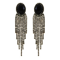 CRYSTAL RHINESTONE OVAL STONE LONG DROP TASSEL EARRINGS