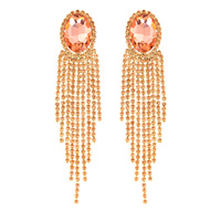 CRYSTAL RHINESTONE OVAL STONE LONG DROP TASSEL EARRINGS
