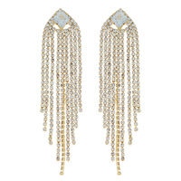 CRYSTAL RHINESTONE DIAMOND SHAPED LONG DROP TASSEL EARRINGS