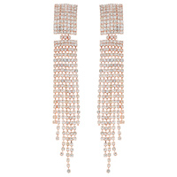 2-TIER RECTANGULAR POST CRYSTAL RHINESTONE LONG DROP TASSEL EARRINGS
