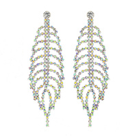 CRYSTAL RHINESTONE LEAF SHAPED FILIGREE LONG DROP EARRINGS