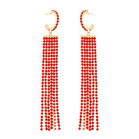 CRYSTAL RHINESTONE OPEN HOOP POST TASSEL LONG DROP EARRINGS