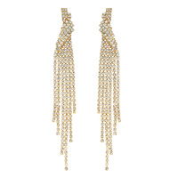 CRYSTAL RHINESTONE FAN FOLD LONG DROP TASSEL EARRINGS