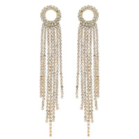 CRYSTAL RHINESTONE OPEN CIRCLE LONG DROP TASSEL EARRINGS
