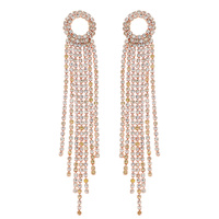 CRYSTAL RHINESTONE OPEN CIRCLE LONG DROP TASSEL EARRINGS