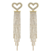 2-TIER CRYSTAL RHINESTONE OPEN HEART LONG DROP TASSEL EARRINGS