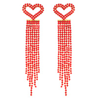 2-TIER CRYSTAL RHINESTONE OPEN HEART LONG DROP TASSEL EARRINGS