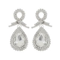 2-TIER RHINESTONE PAVE RIBBON POST TEARDROP HALO DANGLE AND DROP EARRINGS