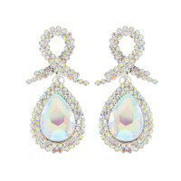 2-TIER RHINESTONE PAVE RIBBON POST TEARDROP HALO DANGLE AND DROP EARRINGS