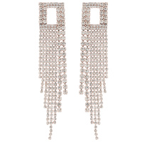 OPEN RECTANGLE TASSEL LONG DROP CRYSTAL EARRINGS