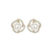 FLORAL TWIST CRYSTAL RHINESTONE PAVE AND SYNTHETIC PEARL STUD EARRINGS