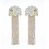 FLORAL CRYSTAL GEMS CHANDELIER LONG TASSEL RHINESTONE DROP EARRINGS