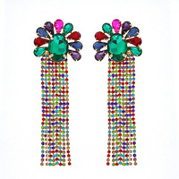 FLORAL CRYSTAL GEMS CHANDELIER LONG TASSEL RHINESTONE DROP EARRINGS