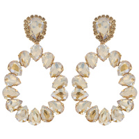 EVENING GLAM CRYSTAL STONE OPEN TEARDROP HOOP DROP EARRINGS IN GOLD & SILVER TONE METAL