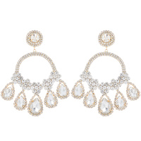 LARGE 2-TIER CRYSTAL RHINESTONE PAVE OPEN CIRCLE TEARDROP FRINGE DANGLE AND  DROP EARRINGS