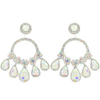 LARGE 2-TIER CRYSTAL RHINESTONE PAVE OPEN CIRCLE TEARDROP FRINGE DANGLE AND  DROP EARRINGS