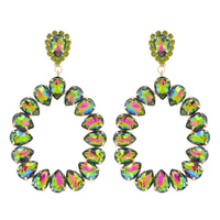 EVENING GLAM CRYSTAL STONE OPEN TEARDROP HOOP DROP EARRINGS