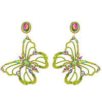 90S FASHION STATEMENT LARGE CRYSTAL GEM RHINESTONE PAVE BUTTERFLY OUTLINE DROP EARRINGS
