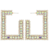 CRYSTAL RHINESTONE GEOMETRIC RECTANGULAR OPEN HOOP EARRINGS