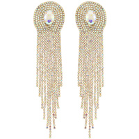 OVAL GEMSTONE CRYSTAL RHINESTONE LONG DROP TASSEL EARRINGS