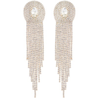 OVAL GEMSTONE CRYSTAL RHINESTONE LONG DROP TASSEL EARRINGS